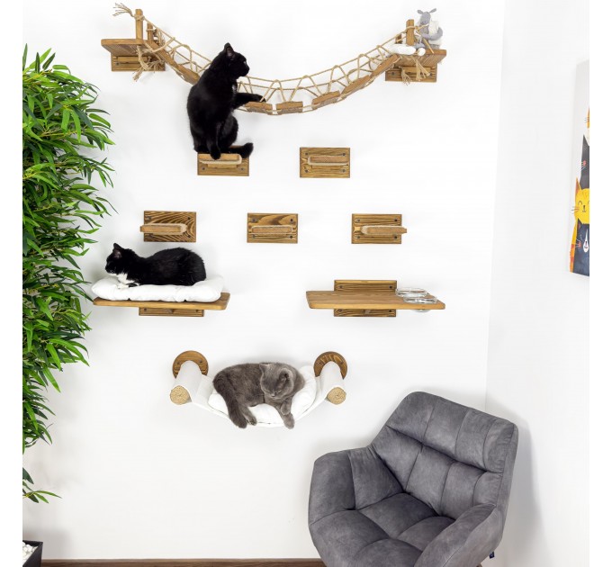 Wooden cat wall furniture set with bridge