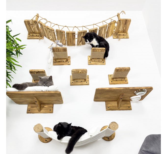 Wooden cat wall furniture set with bridge