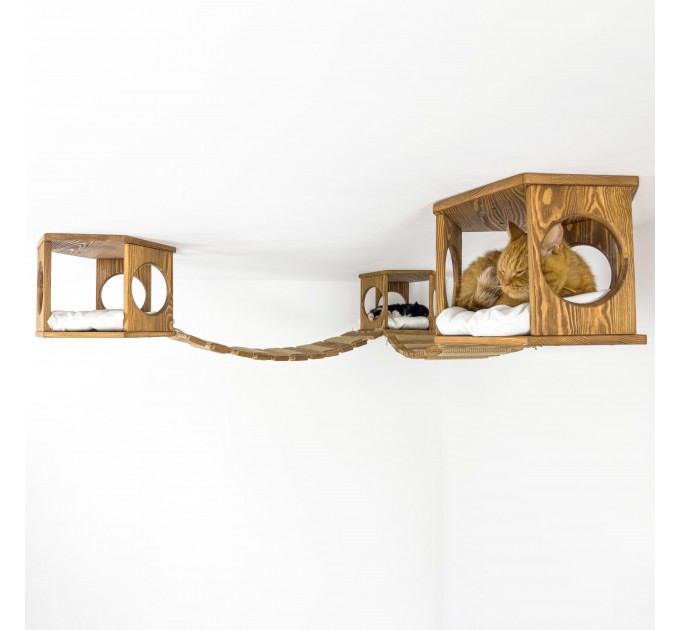 Hexagon shelves with ceiling mounted bridge - wooden ceiling playground set
