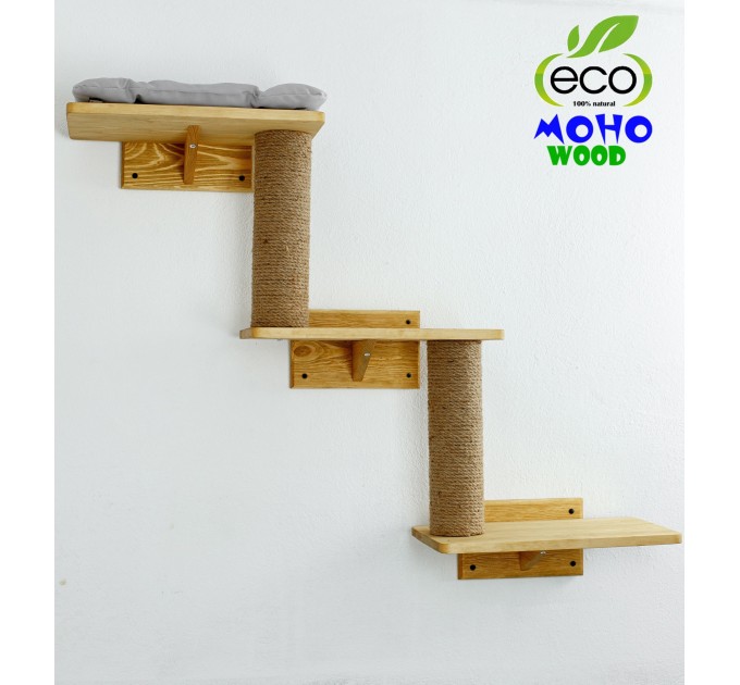 Cat shelves three step wooden bed - Multi-level natural pet haven