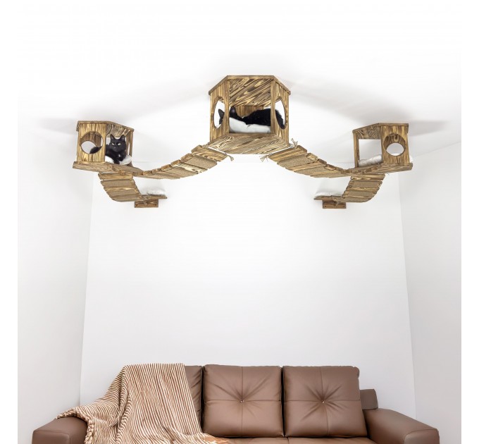 Wall-mounted bed and bridge with wooden kitten house