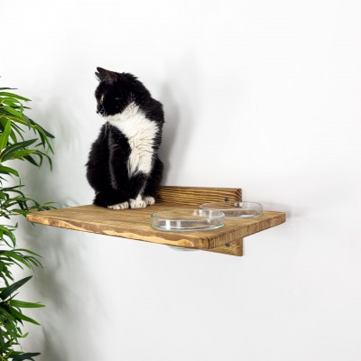 Cat wall shelf with 2 food and water bowls