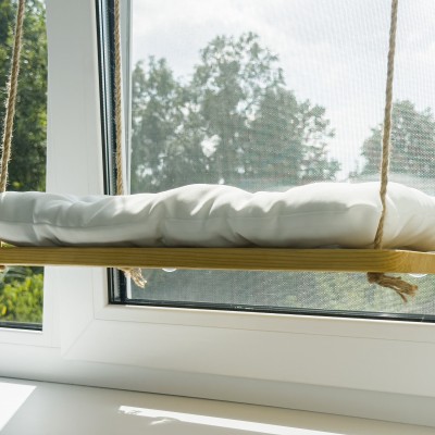 Windowsill cat perch – handmade wooden window bed for cats