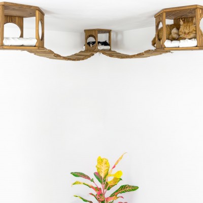 Wooden play furniture ceiling climber with hexagon shelves and wooden ceiling bridge