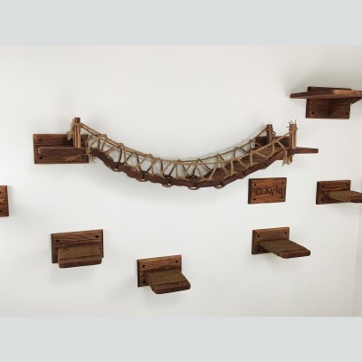 Cat wall furniture set – floating wooden bridge, steps & feeder shelf