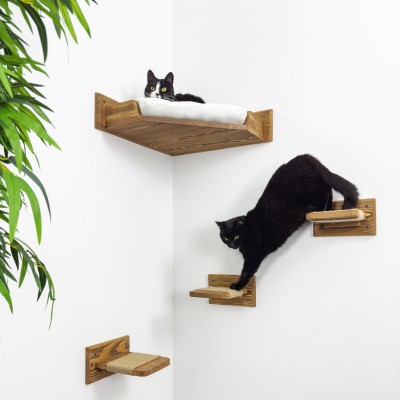 Corner cat bed wooden, natural cozy nook for felines