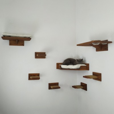 Functional cat wall set: corner bed, rope steps, pillow bed, feeder station