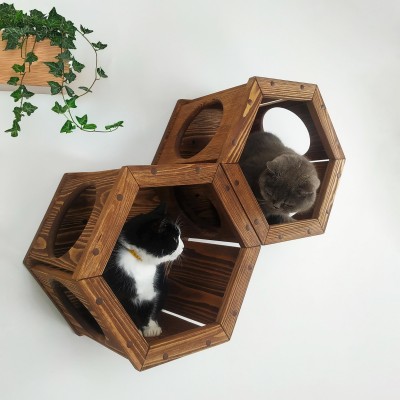 Handmade hexagon cat shelf – wooden wall furniture for kittens