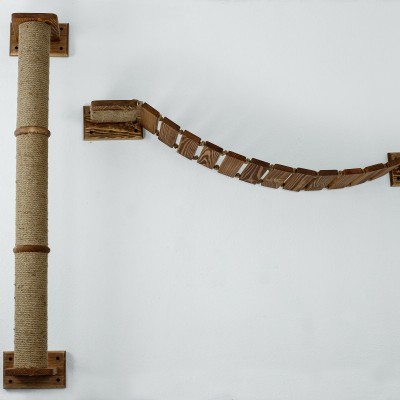 Cat wall furniture set – floating wooden bridge with climbing pole & scratching post