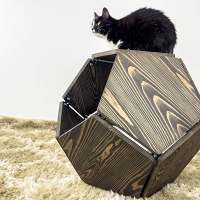 Comfortable wooden house, orthopedic cat bed