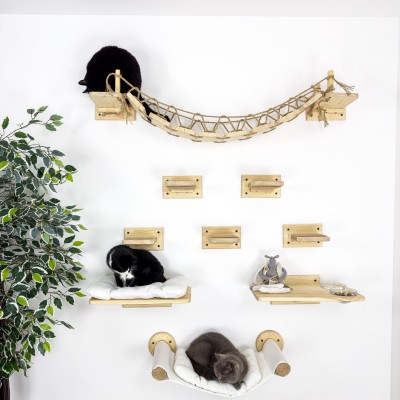 Wooden cat wall furniture set with bridge, natural elevated pet network