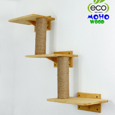 Cat shelves three step wooden bed - Multi-level natural pet haven