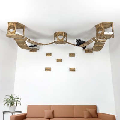 Cat ceiling furniture set with hexagon shelves - wooden floating bridge and steps for wall