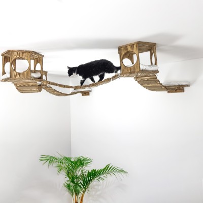 Wooden kitten house with ceiling bridge
